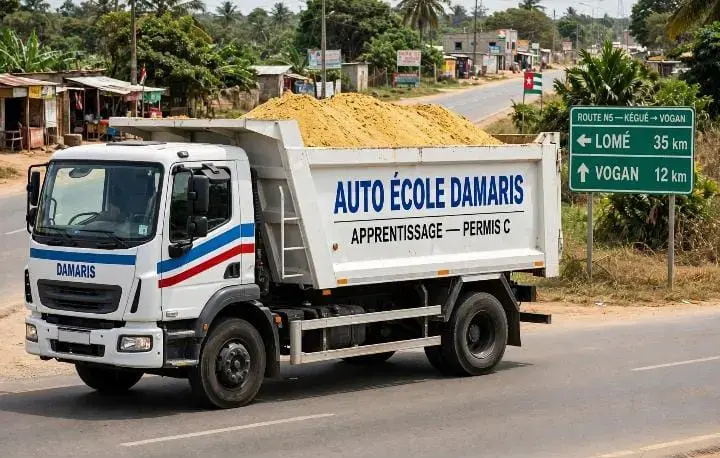 Camion d'apprentissage du permis C de l'auto-école Damaris, sur la route de Vogan